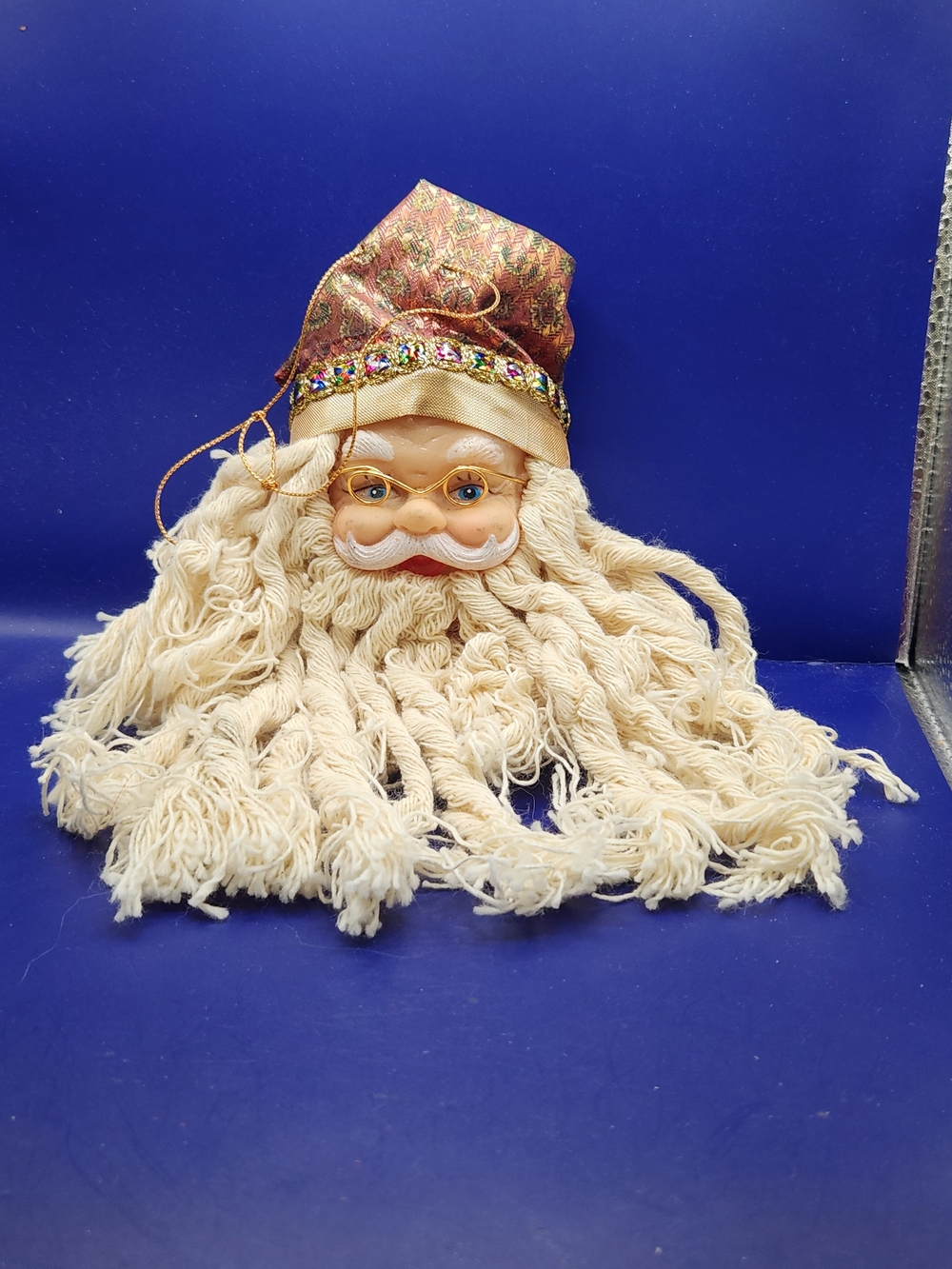 Vintage Victorian-style Santa Claus Face Christmas Ornamen w/a Yarn Beard